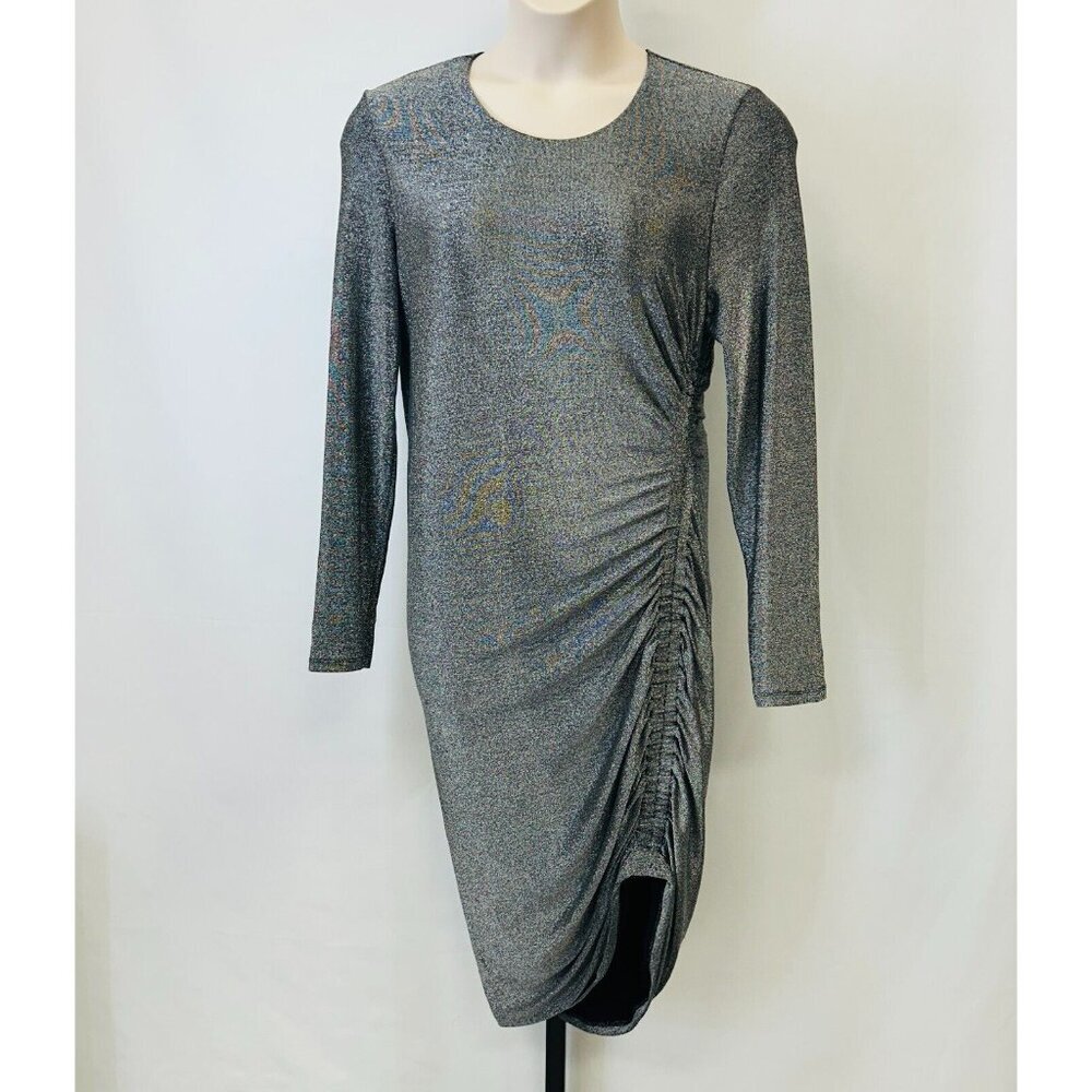 Veronica Beard Cyrus Gunmetal Metallic Ruched Sheath Dress Sz L Long Sleeves NWT